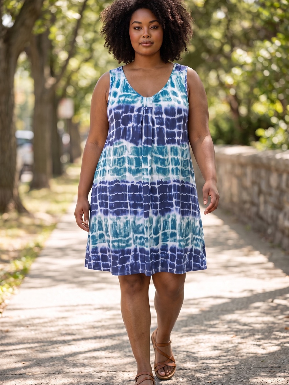 SHEIN Blue & Teal Tie-Dye V-Neck Dress